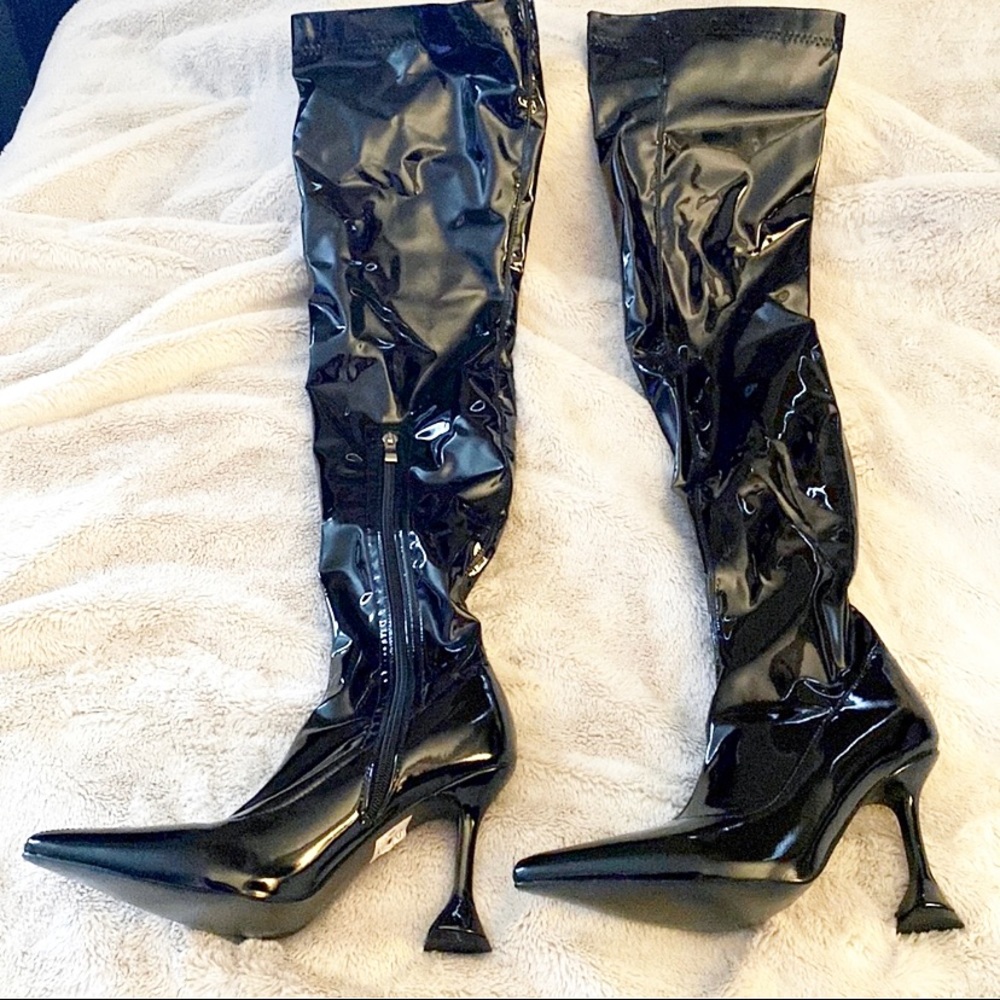 Luxe to Kill Black Thigh high pyramid heel vinyl stretch UK 6 / size 8 US